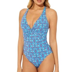 Bleu Rod Beattie St. Tropez Plunge Halter One Piece Swimsuit Blue Pink 10 NWT